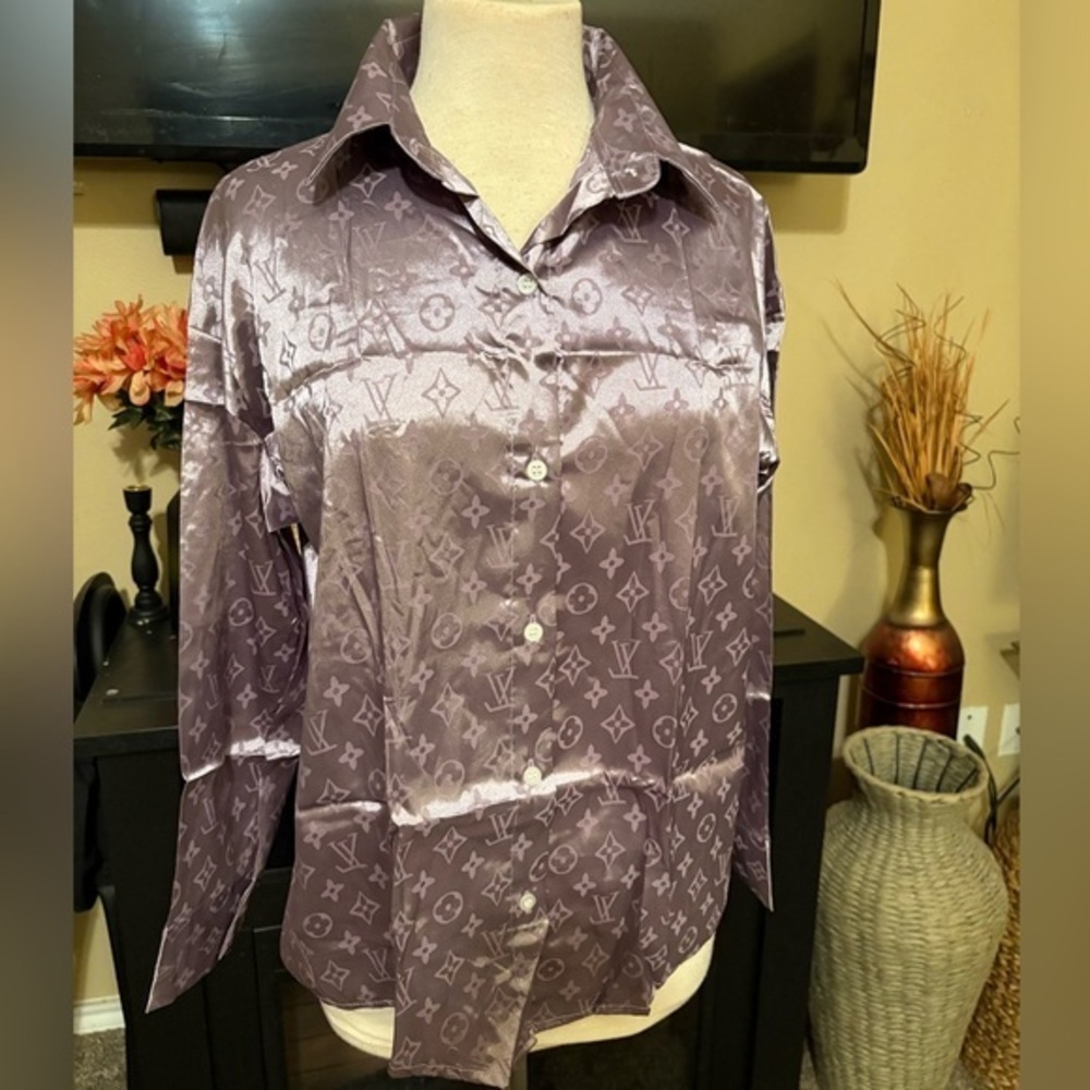 Lavender Satin monogram Button Down Top